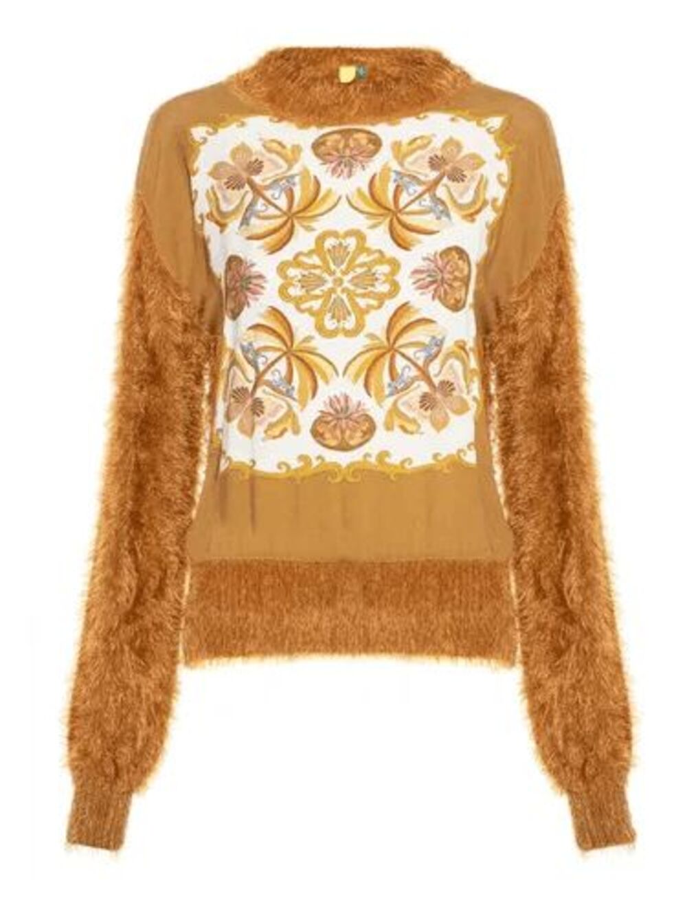 FARM Rio furry sweater with a printed scarf detail, featuring a vibrant "Amazon
